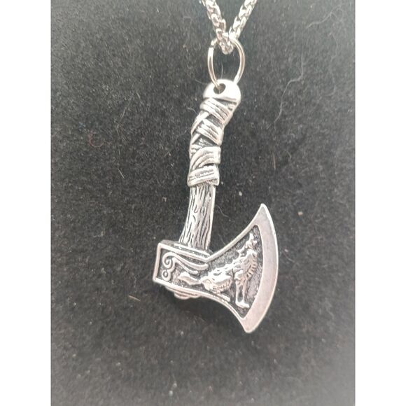 Viking Necklace Wolf Axe Celtic Pendant Nordic Amulet Silvertone 22" Chain - Picture 3 of 4